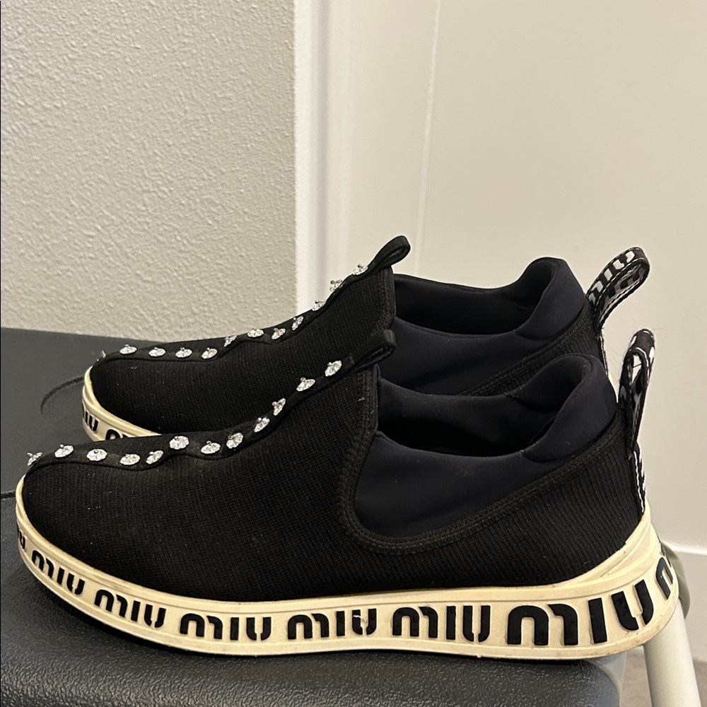 Miu Miu Black Slip-On Sneakers with Crystal Details